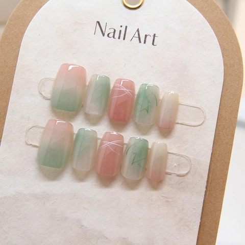 Pink Grün Verlauf Katzenauge Aufpressnägel Kurze Ballett Falsche Nägel Glänzend Blumenmuster Abstrakte Linien Süßer Stil