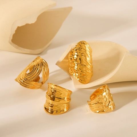 Textured Stainless Steel Ring Gold Plated Hammered Wavy Geometric Adjustable Open Jewelry Waterproof Hypoallergenic For Women