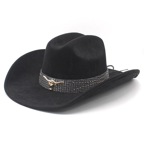 Western Cowboyhoed Suede Polyester Brede Rand Vintage Metalen Stierenkop Klinknagel Retro Etnische Stijl