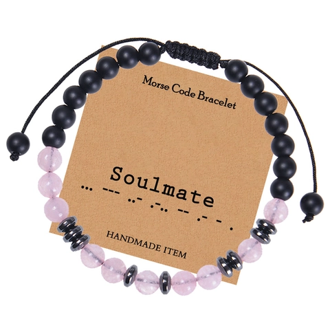 Soulmate Morse Code Bracelet Handmade Natural Pink Crystal Matte Black Stone Adjustable Woven Rope For Couples Lovers