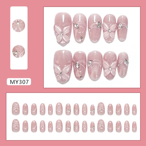 Uñas Postizas Press On Con Mariposa 3D Ojo De Gato Brillo Resplandeciente Traslúcido Diamantes De Imitación Perla Artificial