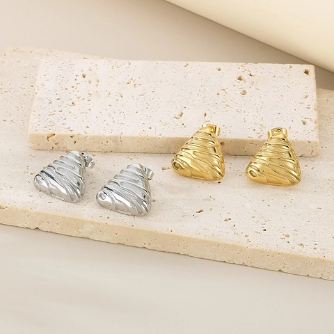 Pendientes De Botón Triangulares Irregulares Vintage Acero Inoxidable Textura De Ondas En Relieve Joyería Geométrica Mujer