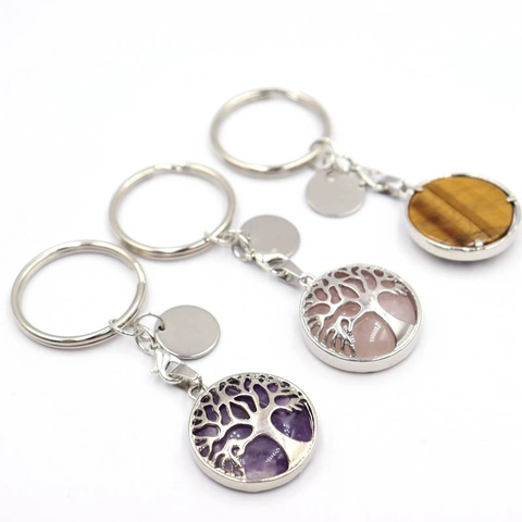 Levensboom Sleutelhanger Natuursteen Hanger Holle Legering Sleutelring Met Rond Label Cadeau