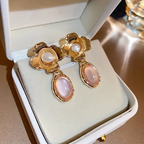 Pendientes Colgantes Flor Vintage Aleación Imitación Perla Artificial Resina Rosa Piedra Con Poste De Plata Estilo Retro Francés Mujer