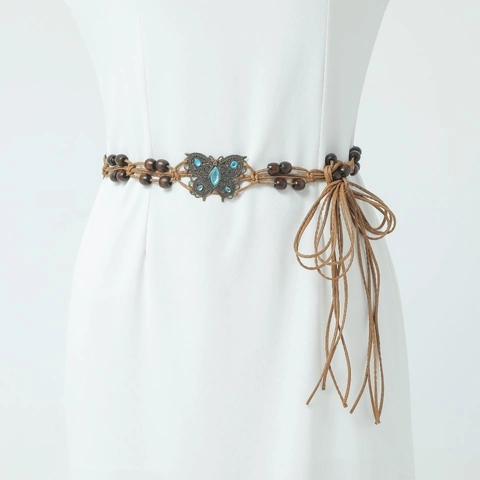 Bohemian Geflochtener Kettengürtel Baumwollwachsseil Holzperlen Quasten Türkis Stil Schmetterling Blume Ethnische Deko Für Damen