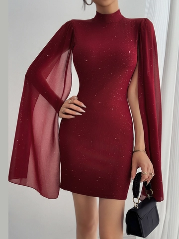 Rhinestone Glitter Bodycon Mini Dress Chiffon Cape Cloak Sleeve High Neck Ribbed Knit Elegant Evening Party Slim Fit