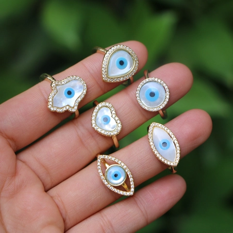 Evil Eye Offener Verstellbarer Ring Gold Vergoldetes Kupfer Zirkon Muschel Hamsa Hand Herz Geometrischer Retro Schmuck