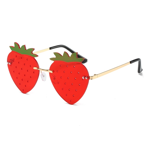 Lunettes De Soleil Sans Monture En Forme De Fraise Cadre Métallique Protection UV400 Drôle Pour Fête Festival Mode