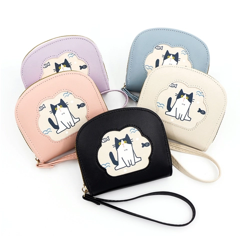 Cartera Corta Para Mujer De Cuero PU Con Patrón De Gato De Dibujos Animados Monedero Con Cremallera Y Correa De Mano