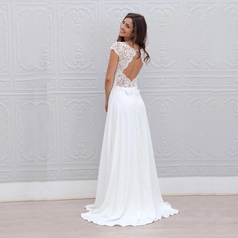 Lace Chiffon Wedding Dress A Line Backless Floor Length Bridal Gown For Women Round Neck Cap Sleeves Embroidery