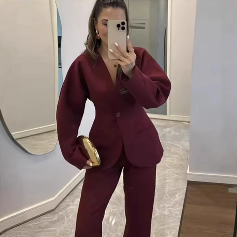 Completo Blazer E Pantaloni Con Scollo A V Profondo Maniche A Sbuffo Strutturate Vestibilità Aderente Ufficio Elegante Completi Donna