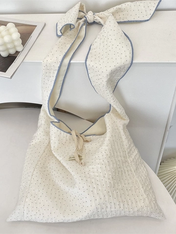 Borsa A Tracolla A Pois Tessuto Tencel Con Tracolla Regolabile Con Fiocco Profilo Blu Borsa Tote Da Donna Fresca