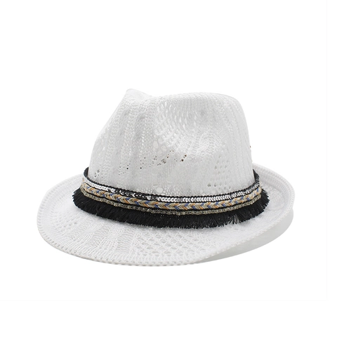 Hohl Gestrickter Fedora Hut Ethno Quaste Pailletten Sonnenhut Sommer Strand Urlaub Atmungsaktiv Boho Jazz Kappe Damen