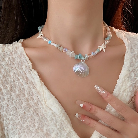 Collar De Colgante Estrella De Mar Y Concha Con Perlas Artificiales Y Cuentas Estilo Vacaciones Playeras Joyería Para Mujer