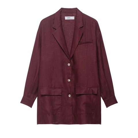 Blazer E Pantaloni Donna Trama Lino Giacca Oversize Maniche Lunghe Pantaloni Gamba Larga Coulisse Moda Casual Borgogna