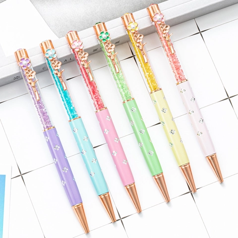 Elegant Ballpoint Pen Crystal Rhinestone Filled Metal Flower Artificial Pearl Clip Rose Gold Luxury Office Writing Stationery Gift