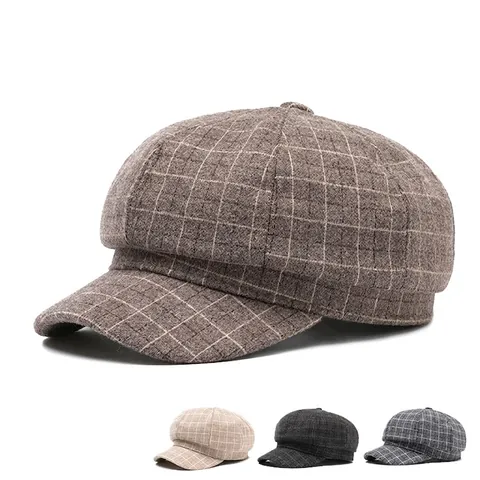 Vintage Schiebermütze Herbst Winter Warm Karo Achteckige Hut Wollige Tweed Textur Retro Britischen Stil Unisex Verstellbar