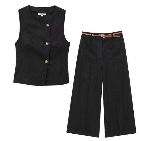 Gilet Senza Maniche Da Donna E Pantaloni A Gamba Larga Misto Lino Pantaloni A Vita Alta Con Cintura Streetwear Casual
