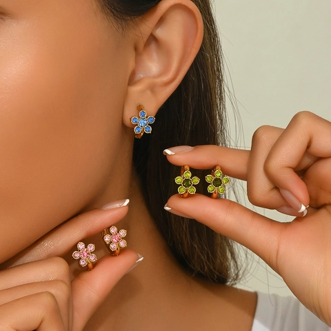 Stainless Steel Flower Stud Earrings For Women Colorful Rhinestone Huggie Hoop Earrings Sweet Floral Jewelry Gift