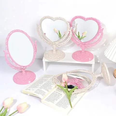 European Vintage Desktop Makeup Mirror Double Sided Heart Oval Embossed Retro Princess Vanity Tabletop Mirror