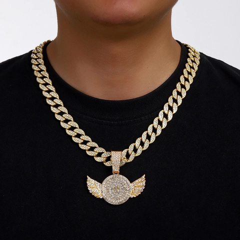 Collar Con Colgante De Ala Hip Hop Aleación Iced Out Diamantes De Imitación Bling Cuban Tennis Twist Cadena Joyería