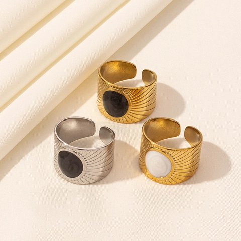 Vintage Bohemian Adjustable Open Ring 304 Stainless Steel Sunburst Pattern Enamel Oil Dripping Geometric Jewelry Unisex