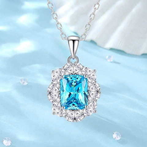 Rechteckiger Edelstein Anhänger Halskette 925 Sterling Silber Elegante Blumen Halo Schmuck Für Damen