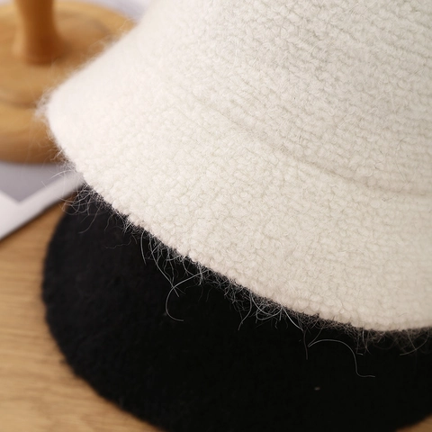 Women Wool Blend Plush Bucket Hat Warm Thick Winter Retro Solid Color Minimalist Fisherman Cap