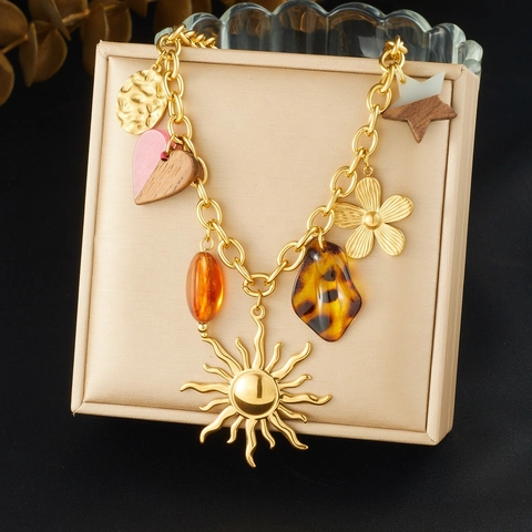 Collier Multi Pendentifs Soleil Fleur Coeur Étoile Acier Inoxydable Bois Acrylique Bohème Vintage Femmes