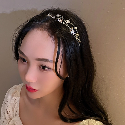 Diadema Elegante De Diamantes De Imitación Y Perlas Artificiales Artificiales Estrella Hoja Rama Aro De Pelo De Aleación Para Mujer