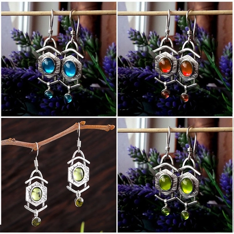 Vintage Geometric Dangle Earrings Oval Synthetic Moonstone Alloy Drop Earrings Bohemian Retro Style Jewelry For Women