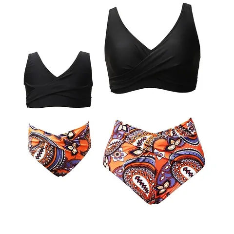 Mother Daughter Family Matching Swimsuit Bikini Top And High Waist Bottom Paisley Floral Tropical Leaf Print Bathing Suit