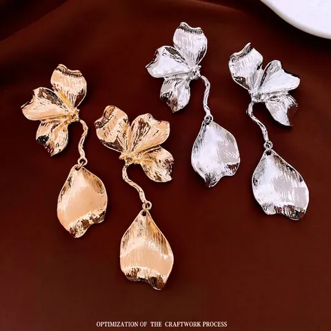 Elegant Flower Petal Drop Earrings Alloy With Steel Earring Post Long Dangle Brushed Metal Texture Statement Jewelry For Women