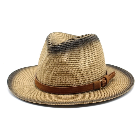 Strohoed Fedora Gradiënt Zonbescherming Strand Zomer Buiten Vintage Ademend Met Leren Band Metalen Gesp Mannen Vrouwen