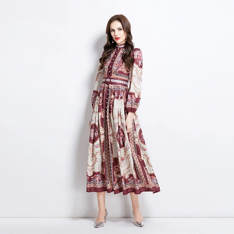 Maxi-Jurk In Retro-Paleisstijl Met Bloemenprint Lange Mouwen Opstaande Kraag Knooppaniel Elegante A-Lijn Jurk Voor Dames Met Riem