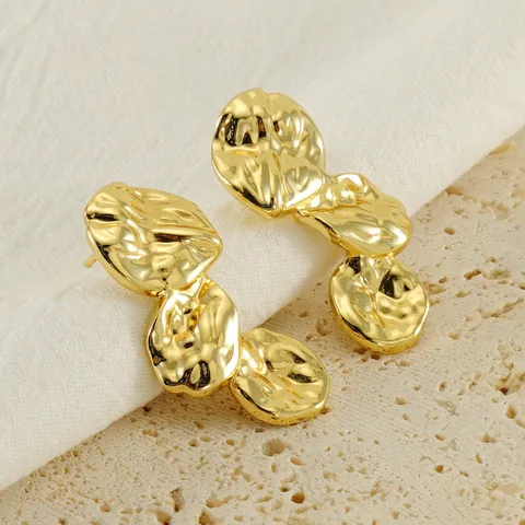French Vintage Irregular Petal Stud Earrings Stainless Steel 18K Gold Plated Wrinkled Hammered Texture For Women