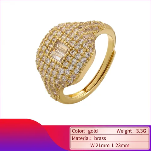 Fashion Luxury Copper 18K Gold Plated Zirconia Square Block Geometric Rectangular Open Adjustable Ring For Women Jewelry