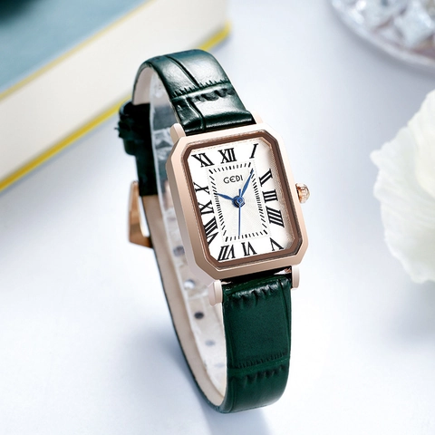 Montre Quartz Femme Rectangle Boîtier Alliage Bracelet Cuir Véritable Étanche Chiffres Romains Élégante Montre-Bracelet