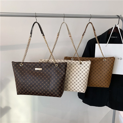 Bolso Tote Grande Para Mujer Cuero PU Estampado Geométrico Retro Correa Cadena Estilo Urbano Simple Bolso De Hombro