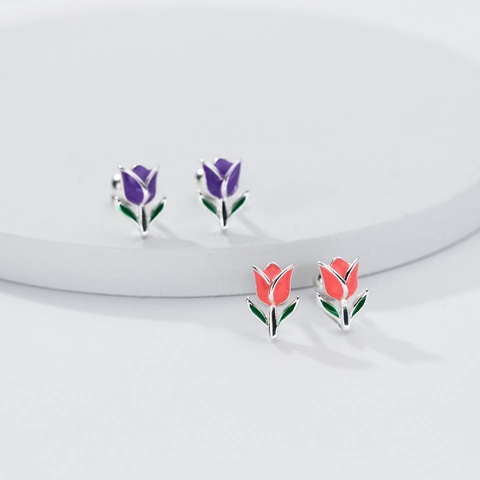 925 Sterling Silver Tulip Flower Stud Earrings For Women Exquisite Colorful Enamel Petal Jewelry With Secure Screw Back