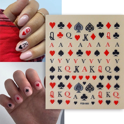 Stickers Ongles Thème Cartes À Jouer Relief 5D Cœur Pique Trèfle Carreau Poker Design Auto-adhésif Imperméable