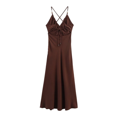 Linnenmix Beaded Maxi Jurk Diepe V-Hals Mouwloos Rugloos Met Strik Cami Effen Bruin Zomer Vakantie