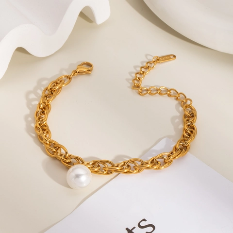 Minimalist Artificial Pearl Bracelet Stainless Steel Double Layer Chain Vacuum Plated Waterproof Hypoallergenic Luxury Hand Jewelry