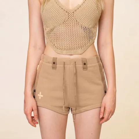 Pantaloncini In Cotone A Vita Alta Da Donna Casual Con Coulisse Bottoni In Metallo E Ricamo Floreale Streetwear