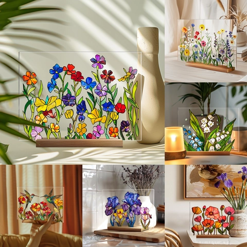 Adorno Escritorio Floral Vidriera Falsa Arte Flor Acrílico Con Base Madera Decoración Oficina Hogar Moderno