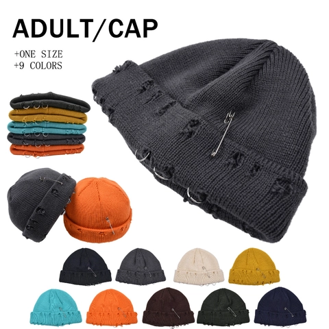 Women Men Distressed Knit Beanie Hat With Pin Metal Rings Punk Hip Hop Skull Cap Solid Color Winter Warm Outdoor Headwear