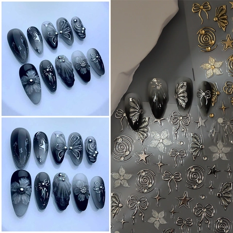 Pegatinas Para Uñas 5D Relieve Metálico Oro Plata Estampado Mariposa Lazo Estrella Corazón DIY Manicura Decoración Calcomanías