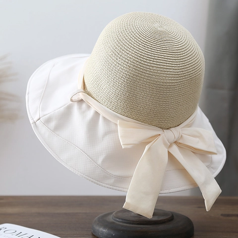 Damen Sonnenhut Stroh Gewebe Stoff Große Krempe Fischerhut Große Schleife Französischer Retro Sommer Strand Sonnenschutz Dame