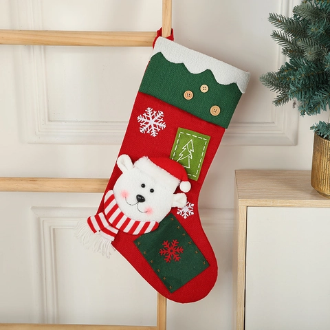 Christmas Stocking Large Hanging Gift Bag With Santa Reindeer Polar Bear Knitted Fabric Wood Button Holiday Decor