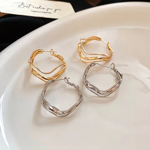 Wave Onregelmatige Ring Oorbellen Geometrisch Koper Met 925 Sterling Zilveren Steker Moderne Stijl Voor Dames